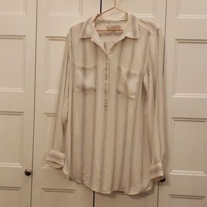 Loft Half Button Down Striped Blouse Top Size L
